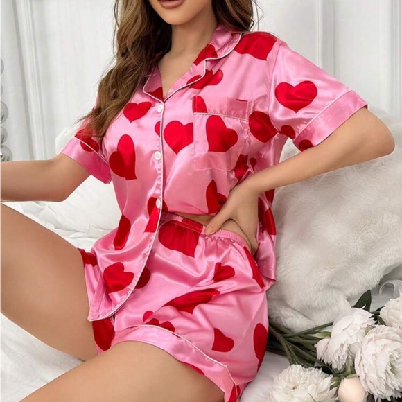 Red and Pink heart satin top and shorts